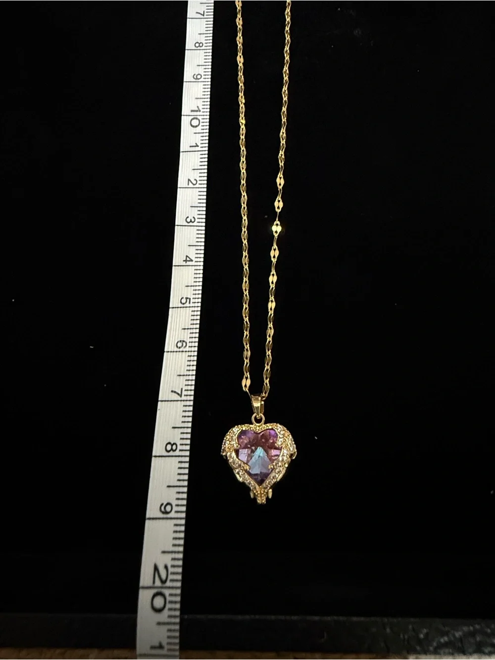 Gold Heart Pendant Necklace with Iridescent Pink Crystal